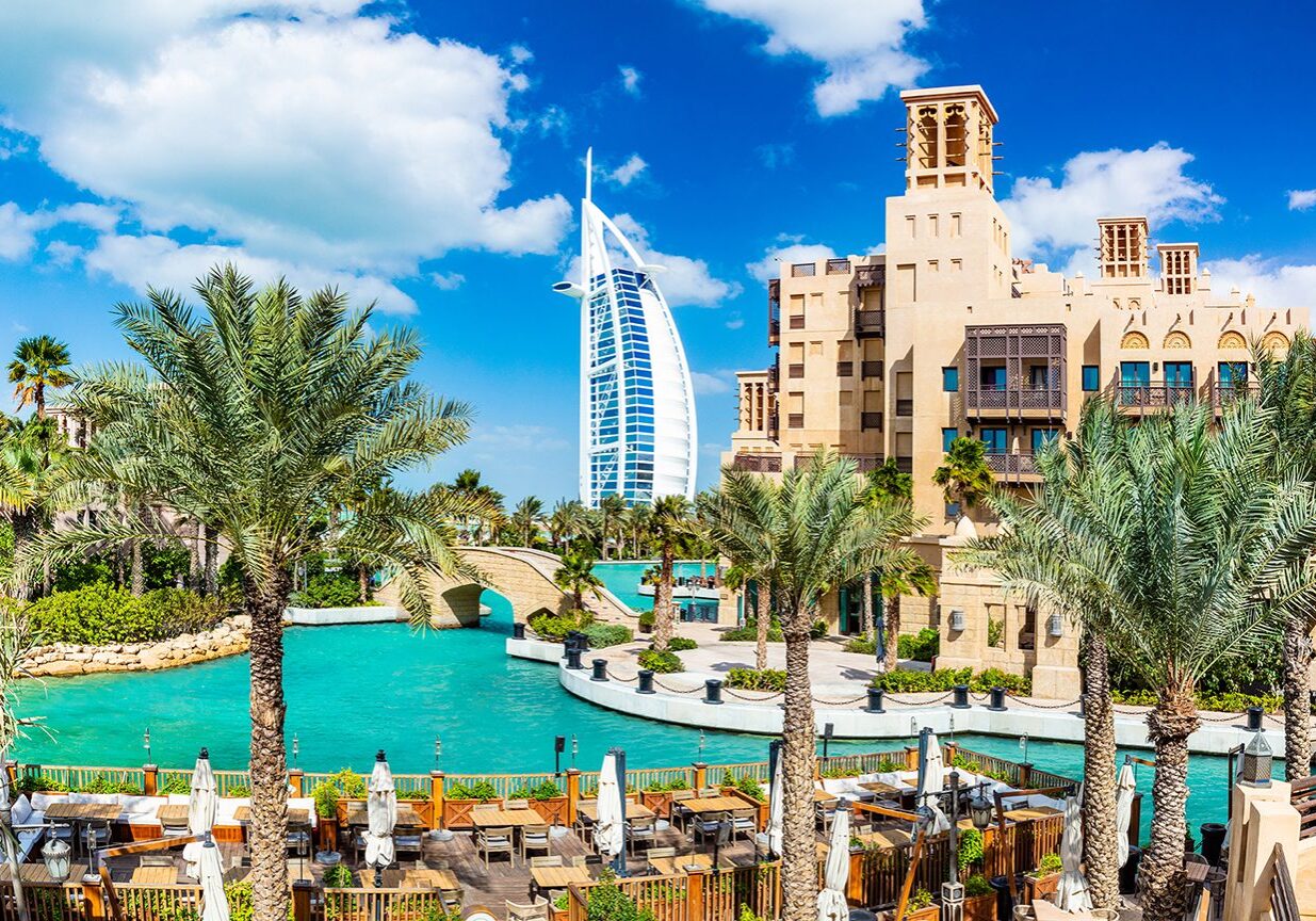 Burj Al Arab seen from madinat jumeirah in Dubai UAE. Traditional Arabian mini city